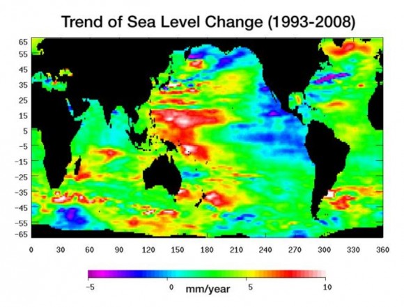 Sea level change between 1993 and 2008. Image credit: NASA/JPL