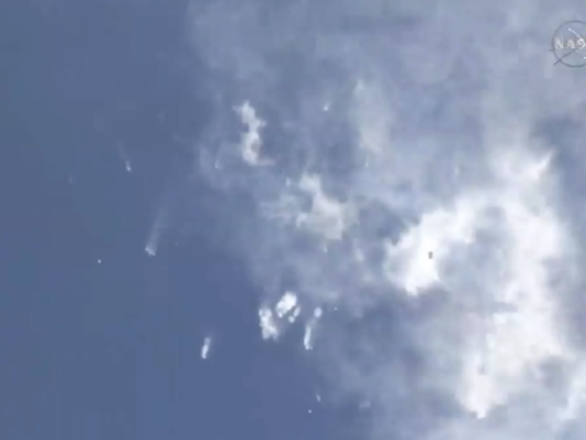 June 28, 2015 failure of SpaceX Falcon 9 rocket.  Pieces could be seen falling into the Atlantic.  Video still via NASA-TV