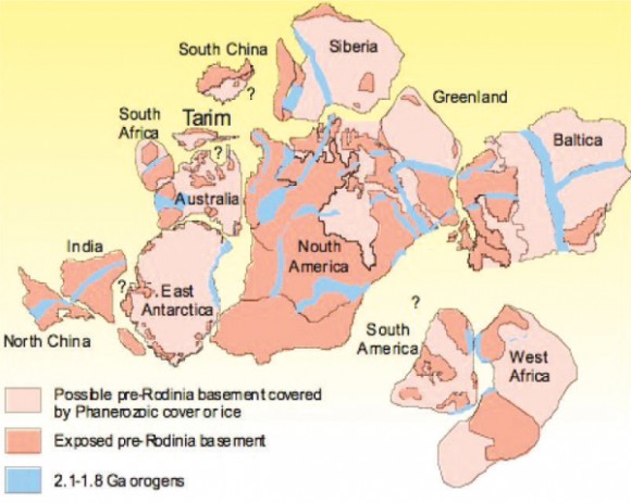 A reconstruction of the proposed first Proterozoic supercontinent Columbia at 1800 Ma, configured by Zhao et al. (2002).