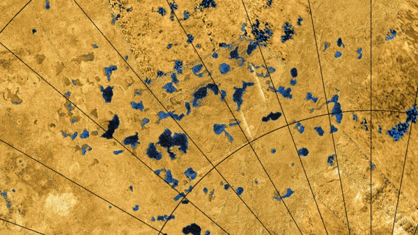 Radar images from NASA's Cassini spacecraft reveal many lakes on Titan's surface, some filled with liquid, and some appearing as empty depressions. Image via NASA/JPL-Caltech/ASI/USGS.