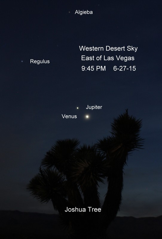 Venus and Jupiter on June 27 as seen in the desert near Las Vegas, Nevada by Robert Kelly.