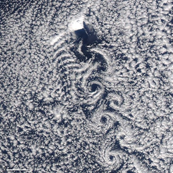 von Kármán vortice in the Greenland Sea. April 5, 2012. Image credit: NASA