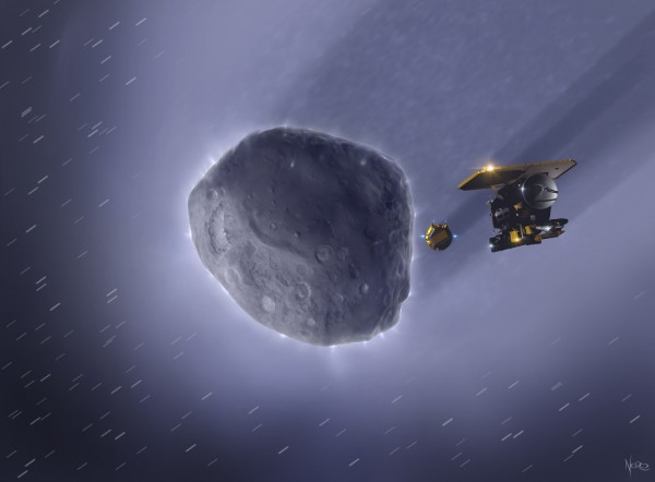 View larger. | NASA's 'Deep Impact' probe's historic appointment with Comet Tempel 1 on July 4, 2005.  Artist's concept by Marco Nero in Sydney, Australia