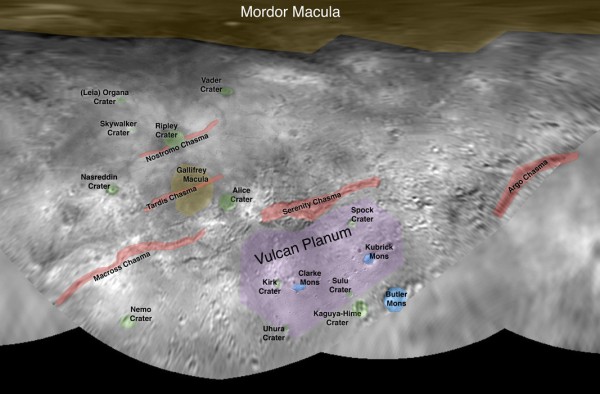 View larger. | Preliminary map of Charon. Images via NASA / JHU-APL / SwRI. New Horizons spacecraft.