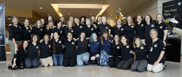 Women make up approximately 25 percent of the New Horizons flyby team. The female team members were photographed at Johns Hopkins University Applied Physics Laboratory on July 11, 2015, just three days before the spacecraft’s closest approach to Pluto. Image credit: SwRI/JHUAPL