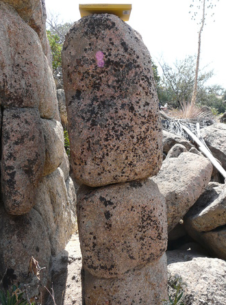 Unnamed fragile rock stack in Grass Valley area in the San Bernardino Mountains in California. The rocks lie near the San Andreas Fault within one of the highest seismic-hazard areas in the United States.  Photo courtesy of Lisa Grant Ludwig