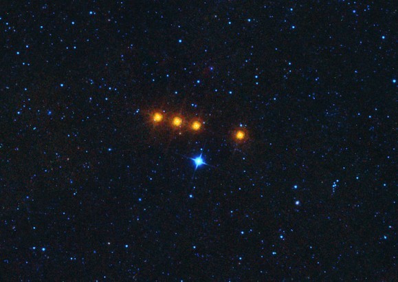 The asteroid Euphrosyne glides across a field of background stars in this time-lapse view from NASA's WISE spacecraft. WISE obtained the images used to create this view over a period of about a day around May 17, 2010, during which it observed the asteroid four times. Image credit: NASA/JPL-Caltech