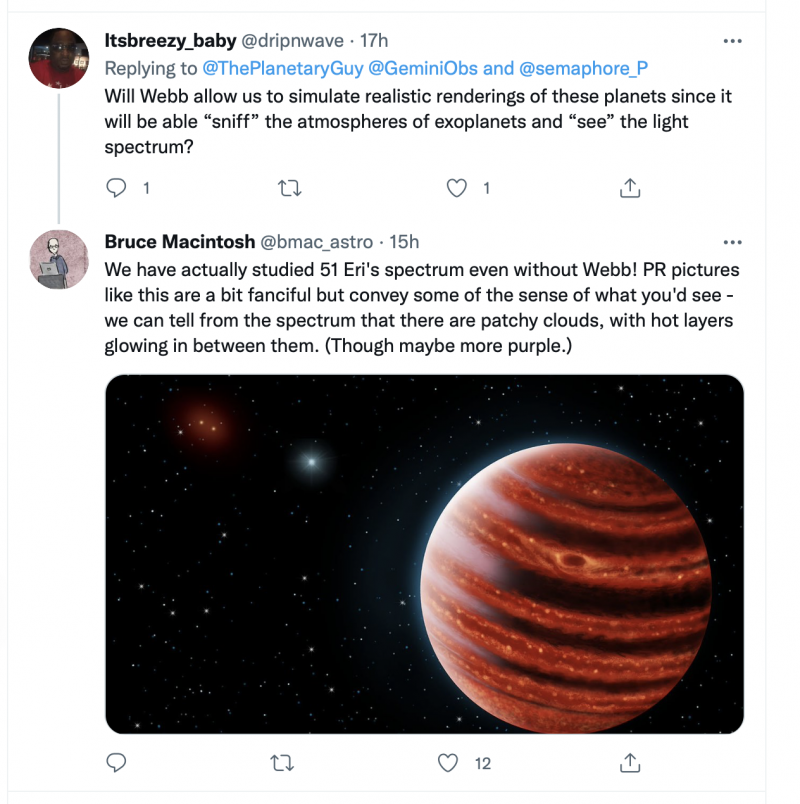 51 Eridani b: A screenshot of a tweet exchange with a picture of a large banded planet.