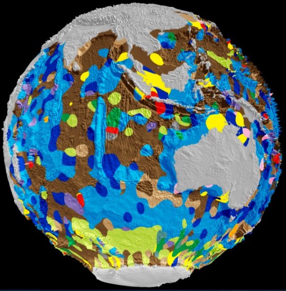 This is a still shot of the world's first digital map of the seafloor's geology. Image credit: EarthByte Group, School of Geosciences, University of Sydney, Sydney, NSW 2006, Australia National ICT Australia (NICTA), Australian Technology Park, Eveleigh, NSW 2015, Australia
