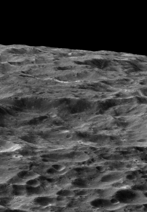 NASA's Cassini spacecraft gazes out upon a rolling, cratered landscape in this oblique view of Saturn's moon Dione. Image credit:NASA/JPL-Caltech/Space Science Institute