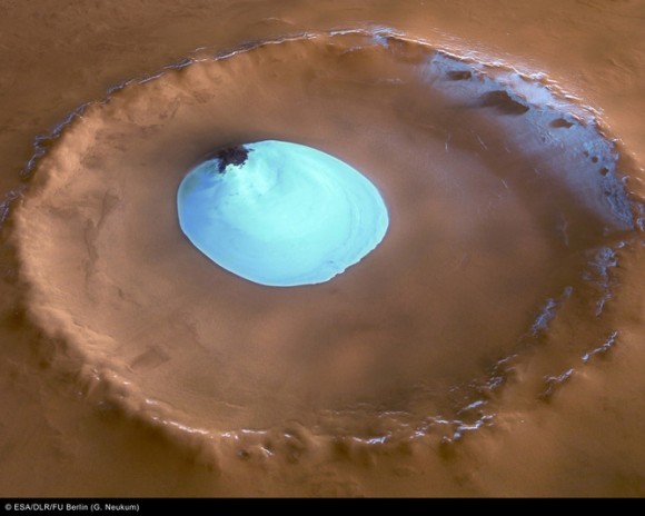 A frozen lake of water-ice on the floor of a 35 km wide impact crater on Mars. Image credit: ESA/DLR/FU Berlin (G. Neukum)