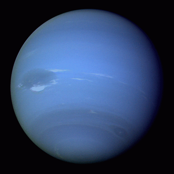 Round, almost featureless blue planet with a few white streaks and a slightly darker large oval.