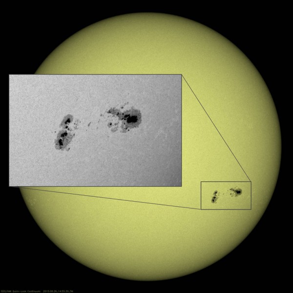 The still image shows AR2403 as the separated group as it appeared on August 26.  image via NASA/SDO.