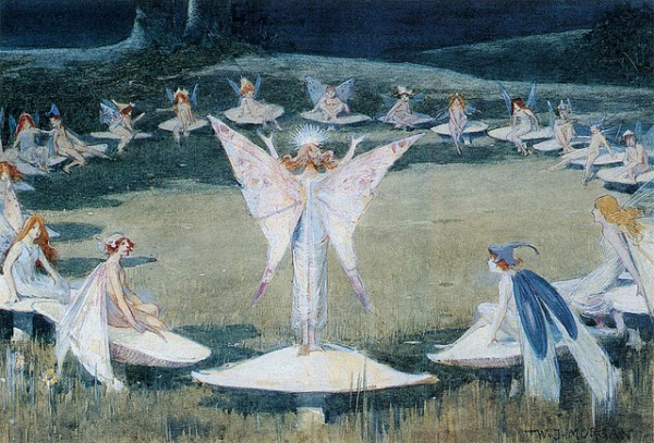 Painting of circle of mushrooms with a fairy sitting on each one.