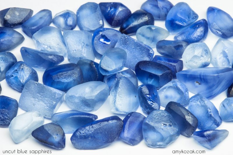 September birthstone: Quantity of rounded translucent rocks ranging from pale to medium blue.