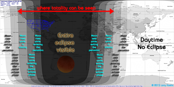 View larger. | Who will see the September 27-28 lunar eclipse.  This diagram from shadowandsubstance.com should help you determine if and how it's visible from your location.  Visit shadowandsubstance for lots more on the eclipse!