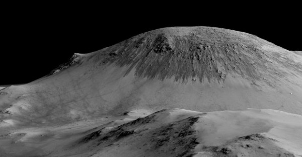 Here are more recurring slope lineae, in this case some 100 meters long. Recently, planetary scientists detected hydrated salts on these slopes at Horowitz Crater, corroborating their original hypothesis that the streaks are formed by liquid water. Image via NASA / JPL / Univ. of Arizona.
