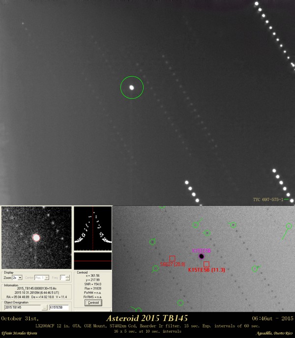 View larger. | 2015 TB145 at 0646 UTC - October 31,2015 - by Efrain Morales, Astronomical Society of the Caribbean (SAC).  