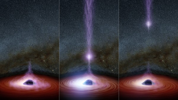 Artist's concept showing how a This diagram shows how a shifting feature, called a corona, can create a flare of X-rays around a black hole. Image via NASA/JPL-Caltech