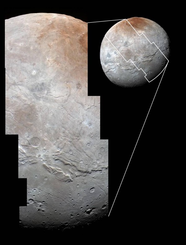 High-resolution images of Charon were taken by the Long Range Reconnaissance Imager on NASA’s New Horizons spacecraft, shortly before closest approach on July 14, 2015, and overlaid with enhanced color from the Ralph/Multispectral Visual Imaging Camera (MVIC). Charon’s cratered uplands at the top are broken by series of canyons, and replaced on the bottom by the rolling plains of the informally named Vulcan Planum. The scene covers Charon’s width of 754 miles (1,214 kilometers) and resolves details as small as 0.5 miles (0.8 kilometers). Image credit: NASA/JHUAPL/SwRI