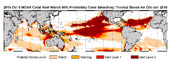 NOAA's 4-month bleaching outlook, showing threat of bleaching continuing in the Caribbean, Hawaii, and Kiribati, and perhaps expanding into the Republic of the Marshall Islands. Image credit: NOAA