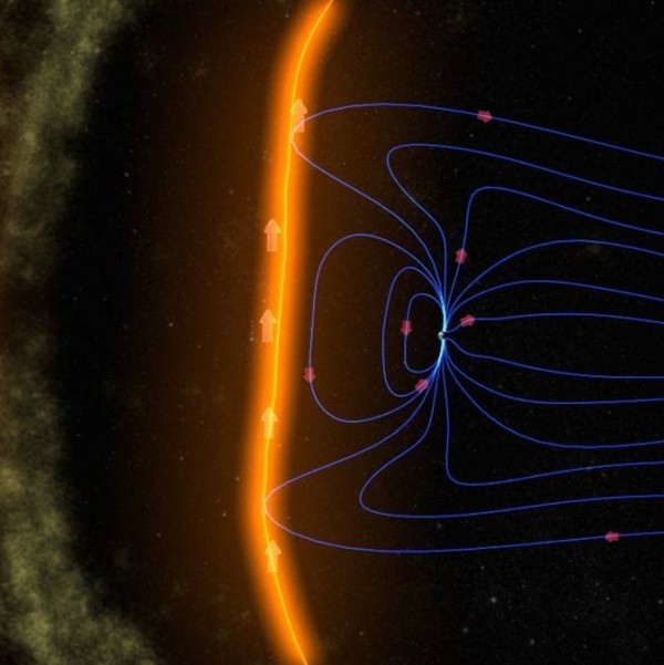 An illustration of Earth’s magnetic field shielding our planet from solar particles. Image via NASA/GSFC/SVS.