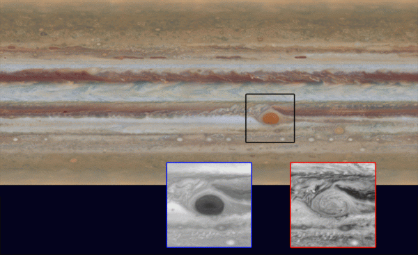 The movement of Jupiter’s clouds can be seen by comparing the first map to the second one. Zooming in on the Great Red Spot at blue (left) and red (right) wavelengths reveals a unique filamentary feature not previously seen. Image credit: NASA/ESA/Goddard/UCBerkeley/JPL-Caltech/STScI