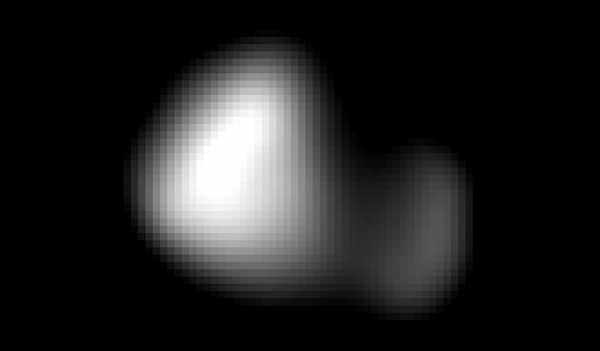 Kerberos Revealed. This image of Kerberos was created by combining four individual Long Range Reconnaissance Imager (LORRI) pictures taken on July 14, approximately seven hours before New Horizons’ closest approach to Pluto, at a range of 245,600 miles (396,100 km) from Kerberos. The image was deconvolved to recover the highest possible spatial resolution and oversampled by a factor of eight to reduce pixilation effects. Kerberos appears to have a double-lobed shape, approximately 7.4 miles (12 kilometers) across in its long dimension and 2.8 miles (4.5 kilometers) in its shortest dimension. Image credit: NASA/JHUAPL/SwRI