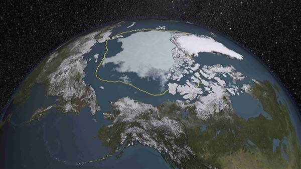 In 2015, the Arctic sea ice summertime minimum is 699,000 square miles below the 1981-2010 average, shown here as a gold line in this visual representation of a NASA analysis of satellite data released September 14, 2015. Image via NASA. The 2015 minimum was the fourth-lowest on record.