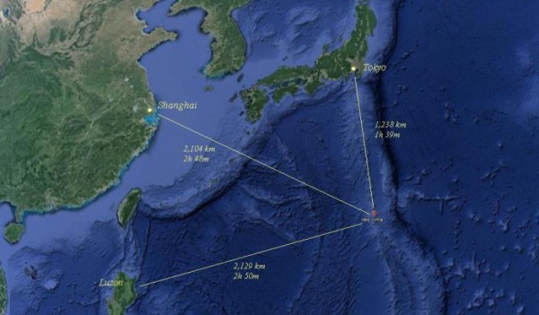 The location of Ioto (Iwo Jima) in relation to Tokyo, Shanghai and Luzon, Philippines as expressed in distance (km) and time at a tsunami propagation speed of 750 km per hour.