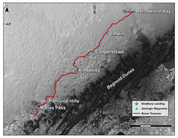 This map shows the route driven by NASA's Curiosity Mars rover from the location where it landed in August 2012 to its location in mid-November 2015, approaching examples of dunes in the 