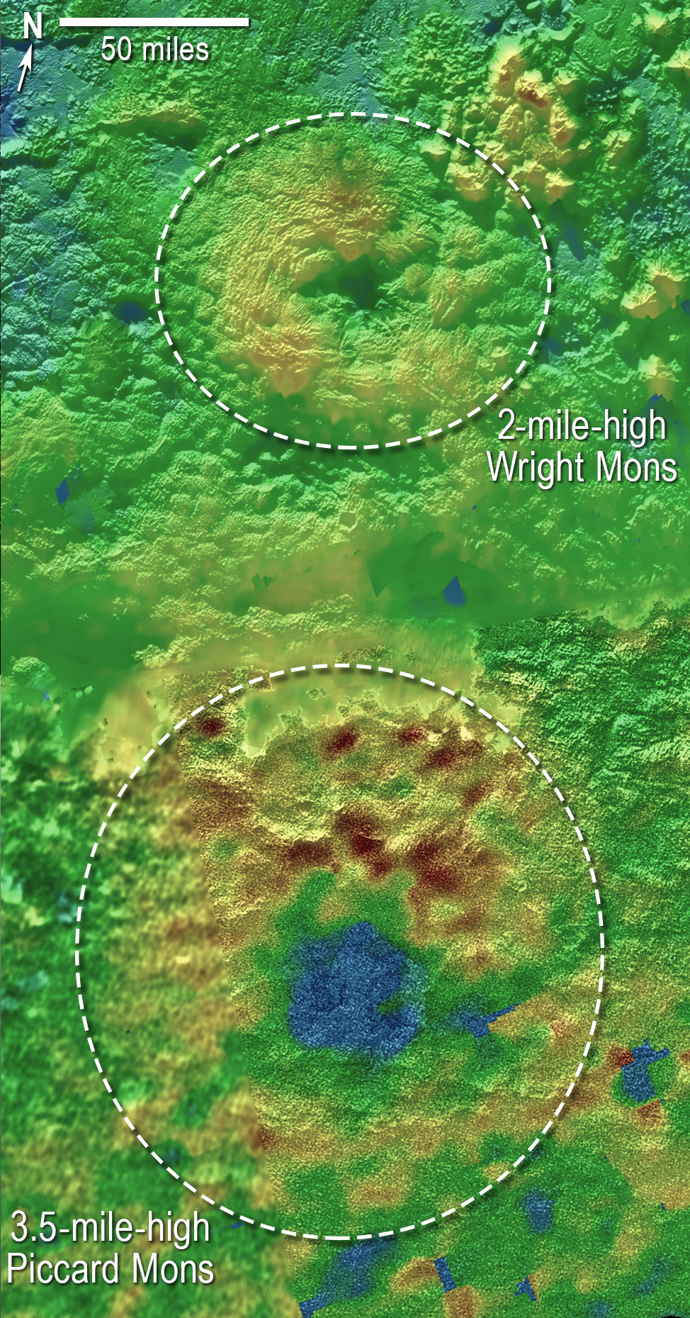 Using New Horizons images of Pluto’s surface to make 3-D topographic maps, scientists discovered that two of Pluto’s mountains, informally named Wright Mons and Piccard Mons, could be ice volcanoes. The color depicts changes in elevation, blue indicating lower terrain and brown showing higher elevation. Green terrains are at intermediate heights. Image credit: NASA/JHUAPL/SwRI
