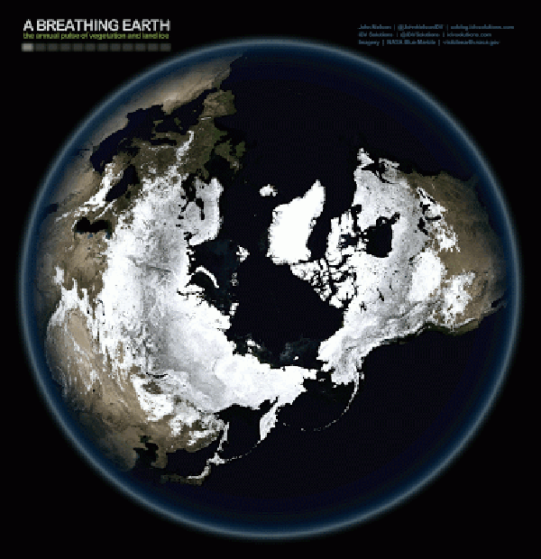 Animated view of Northern Hemisphere from orbit with ice coverage expanding and contracting.