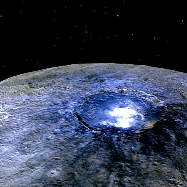 This representation of Ceres' Occator Crater in false colors shows differences in the surface composition. Image Credit: NASA/JPL-Caltech/UCLA/MPS/DLR/IDA