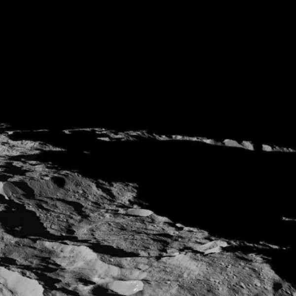 This part of Ceres, near the south pole, has such long shadows because, from the perspective of this location, the sun is near the horizon. At the time When Dawn took this image on December 10, 2015 the sun was 4 degrees north of the equator. If you were standing this close to Ceres' south pole, the sun would never get high in the sky during the course of a nine-hour Cerean day. Image credit: NASA/JPL-Caltech/UCLA/MPS/DLR/IDA