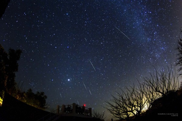 View larger. | Geminid meteor shower between 1 and 3 a.m. on December 14, 2015. Looking to the east in Tisma Star Park, Masaya, Nicaragua. Canon 7D + Tokina 10-17mm Fisheye. Photo by Osiris Castillo.