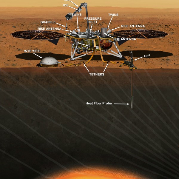 This artist's concept from August 2015 depicts NASA's InSight Mars lander fully deployed for studying the deep interior of Mars. The mission will launch during the period March 4 to March 30, 2016, and land on Mars Sept. 28, 2016. Image credit: NASA/JPL-Caltech