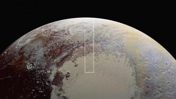 The area inside the rectangle is that viewed in these closest-yet images, returned from New Horizons.