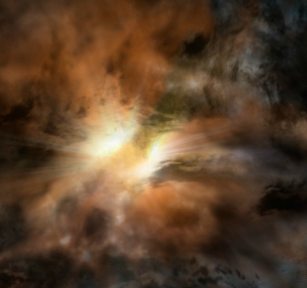 This artist's rendering shows a galaxy called W2246-0526, the most luminous galaxy known. New research suggests there is turbulent gas across its entirety, the first example of its kind. Image credit: NRAO/AUI/NSF; Dana Berry / SkyWorks; ALMA (ESO/NAOJ/NRAO)