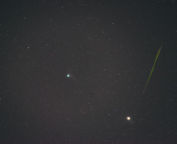 Comet Catalina near the bright star Arcturus - with a meteor!  Photo taken January 3, 2016 by Eliot Herman in the foothills near Tucson, Arizona.