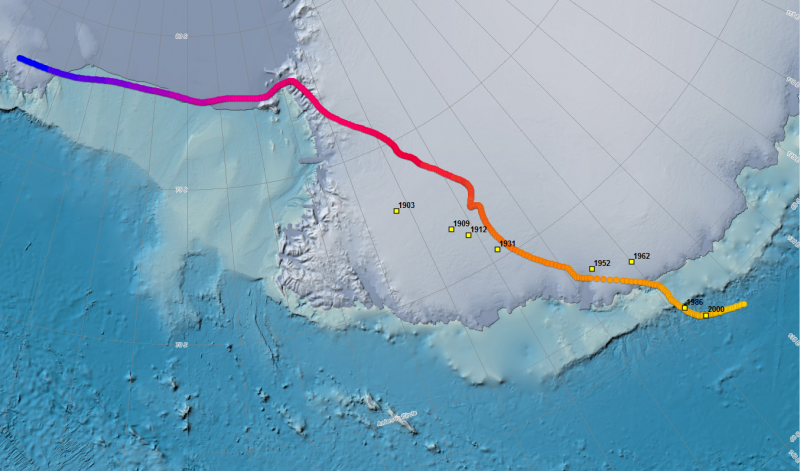 Part of Antarctica with colored line and yellow squares.