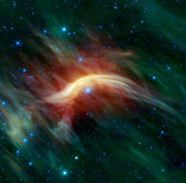  Runaway star Zeta Ophiuchi plowing through space dust. The bright yellow curved feature directly above Zeta Ophiuchi is a magnificent example of a bow shock. In this image, the runaway star is flying from the lower right towards the upper left. As it does so, its very powerful stellar wind is pushing the gas and dust out of its way (the stellar wind extends far beyond the visible portion of the star, creating an invisible 'bubble' all around it). And directly in front of the star's path the wind is compressing the gas together so much that it is glowing extremely brightly (in the infrared), creating a bow shock. It is akin to the effect you might see when a boat pushes a wave in front it as it moves through the water. Image credit: NASA