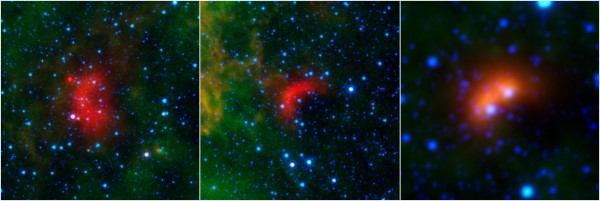 View larger. | The speeding stars thought to be creating the bow shocks can be seen at the center of each arc-shaped feature.  The two images at left are from Spitzer, and the one on the right is from WISE. Image credit: NASA/JPL-Caltech/University of Wyoming