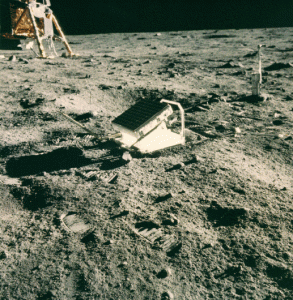 View larger. The Apollo 11 lunar laser ranging retroreflector array via NASA.