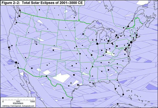 View larger. | Map 3 shows the path of all total eclipses through the continental USA for the next 1000 years (from 2001 through 3000). Image courtesy of Astropixels.com