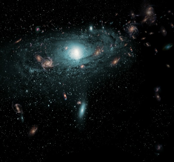 An artist’s impression of the galaxies found in the ‘Zone of Avoidance’ behind the Milky Way. This scene has been created using the actual positional data of the new galaxies and randomly populating the region with galaxies of different sizes, types and colours.  Image credit: ICRAR 