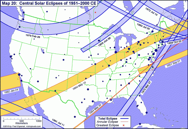 View larger. | Map 1 shows the path of all total (blue) and annular (yellow) eclipses through the continental USA from 1951 through 2000.  Image courtesy of Astropixels.com