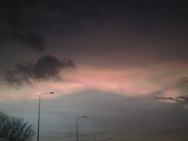Nacreous cloud over Warrington, UK, caught by Kimberley Aldred on the morning of February 2, 2016.