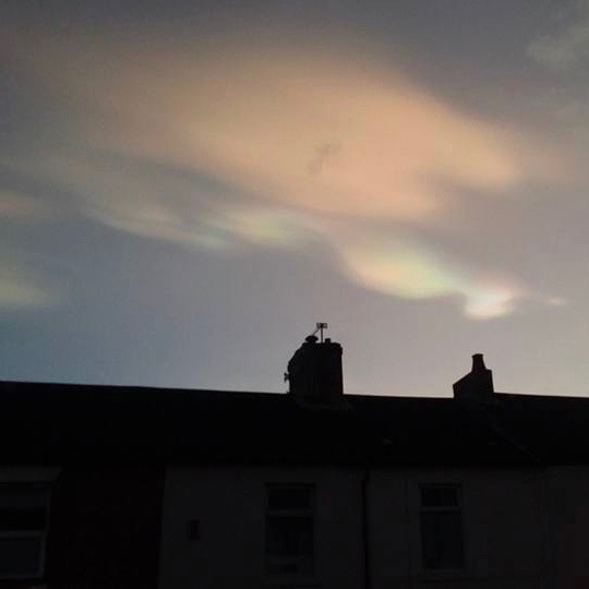 Nacreous clouds over Burton Upon Trent, UK, posted to EarthSky Facebook on February 2, 2016, by Will Plant.