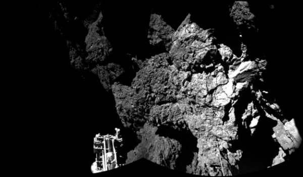 Rosetta’s lander Philae is safely on the surface of Comet 67P/Churyumov-Gerasimenko, as this mosaiced CIVA image confirms. One of the lander’s three feet can be seen in the foreground. The image above is a two-image mosaic. Image credit: ESA/Rosetta/Philae/CIVA